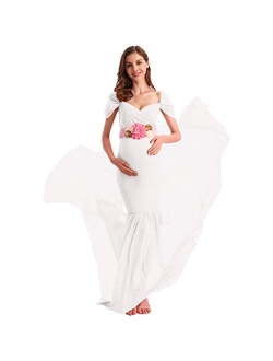 AYMENII Maternity Off Shoulder Chiffon Gown w/Long Train Maxi Photography Dress Wedding Party Photo Props Baby Shower Dress