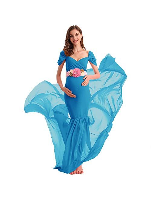 AYMENII Maternity Off Shoulder Chiffon Gown w/Long Train Maxi Photography Dress Wedding Party Photo Props Baby Shower Dress