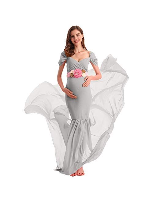 AYMENII Maternity Off Shoulder Chiffon Gown w/Long Train Maxi Photography Dress Wedding Party Photo Props Baby Shower Dress