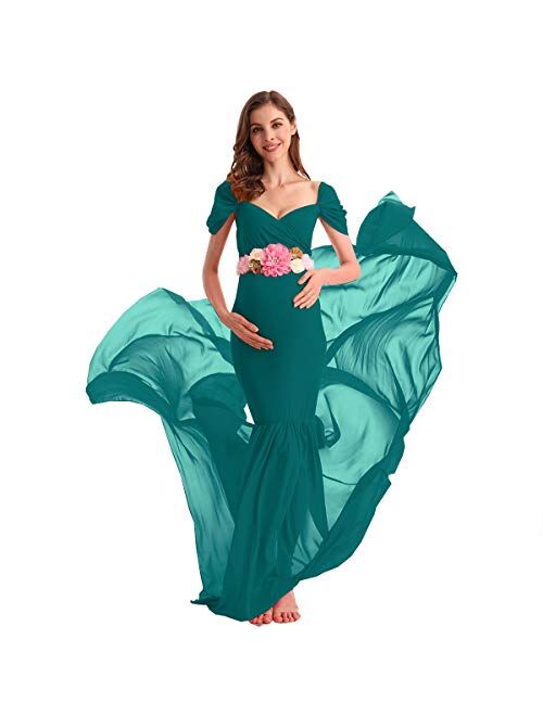 AYMENII Maternity Off Shoulder Chiffon Gown w/Long Train Maxi Photography Dress Wedding Party Photo Props Baby Shower Dress