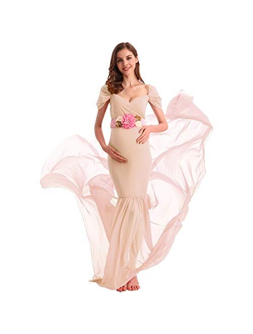 AYMENII Maternity Off Shoulder Chiffon Gown w/Long Train Maxi Photography Dress Wedding Party Photo Props Baby Shower Dress