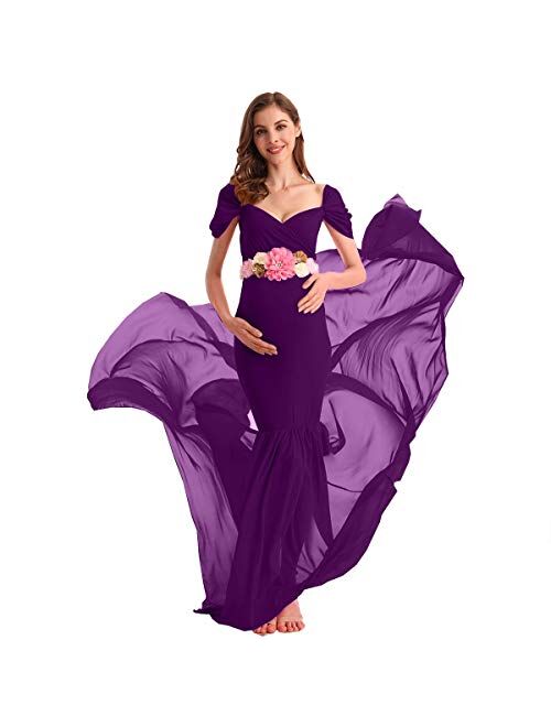 AYMENII Maternity Off Shoulder Chiffon Gown w/Long Train Maxi Photography Dress Wedding Party Photo Props Baby Shower Dress