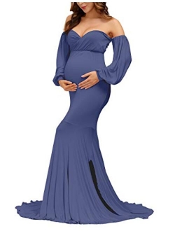 VSNOW Maternity Off Shoulder Long Lantern Sleeve Elegant Fitted Gown Split Mermaid Maxi Photography Dress for Photoshoot