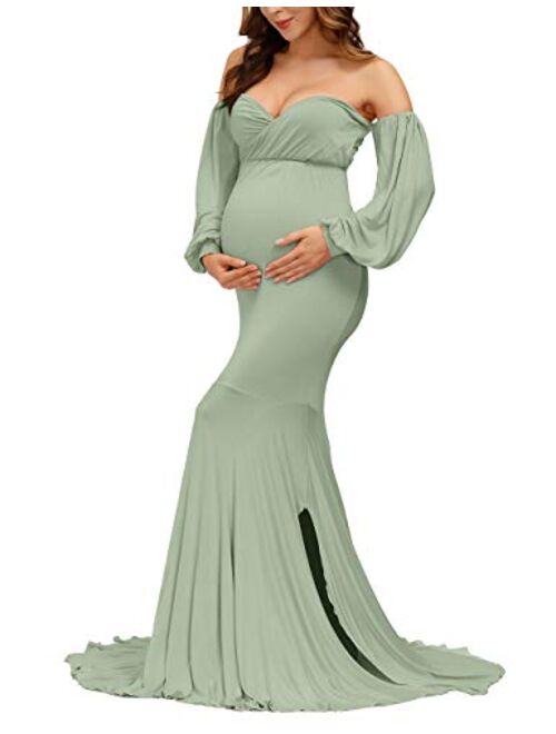 VSNOW Maternity Off Shoulder Long Lantern Sleeve Elegant Fitted Gown Split Mermaid Maxi Photography Dress for Photoshoot