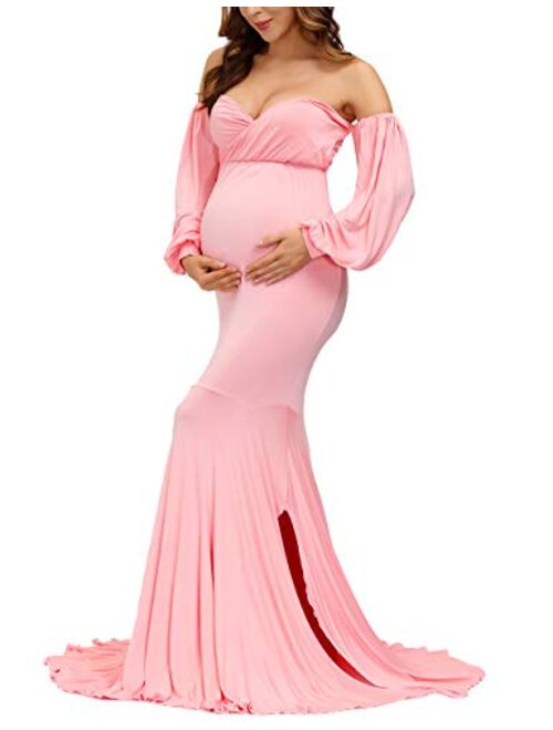 VSNOW Maternity Off Shoulder Long Lantern Sleeve Elegant Fitted Gown Split Mermaid Maxi Photography Dress for Photoshoot