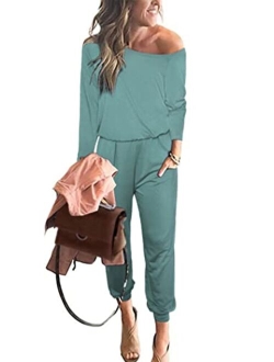 Women's Casual Long Sleeve Jumpsuit Crewneck One Off Shoulder Elastic Waist Stretchy Romper with Pockets