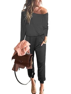 Women's Casual Long Sleeve Jumpsuit Crewneck One Off Shoulder Elastic Waist Stretchy Romper with Pockets