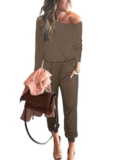 Women's Casual Long Sleeve Jumpsuit Crewneck One Off Shoulder Elastic Waist Stretchy Romper with Pockets