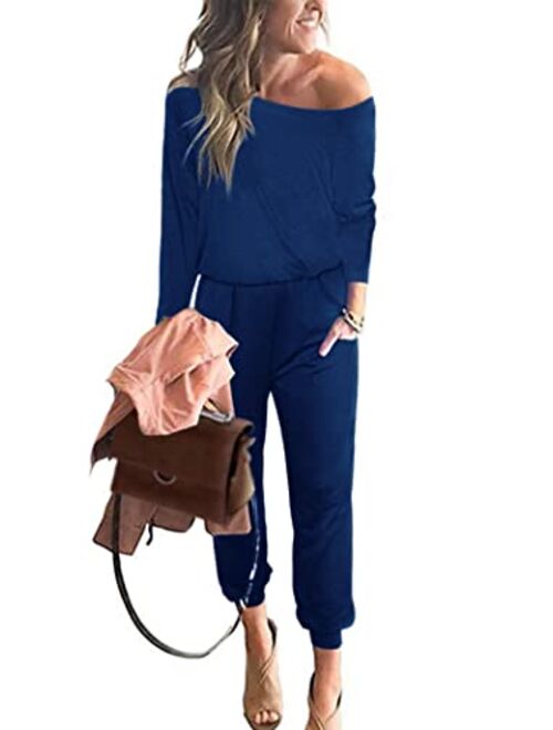 PRETTYGARDEN Women's Casual Long Sleeve Jumpsuit Crewneck One Off Shoulder Elastic Waist Stretchy Romper with Pockets