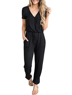 Womens Sexy Deep V Neck Short Sleeve Wrap Drawstring Waist Jumpsuit Romper with Pockets