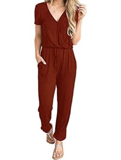 Womens Sexy Deep V Neck Short Sleeve Wrap Drawstring Waist Jumpsuit Romper with Pockets