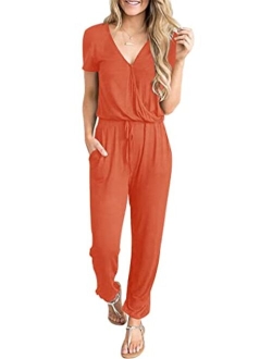 Womens Sexy Deep V Neck Short Sleeve Wrap Drawstring Waist Jumpsuit Romper with Pockets