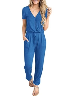 Womens Sexy Deep V Neck Short Sleeve Wrap Drawstring Waist Jumpsuit Romper with Pockets