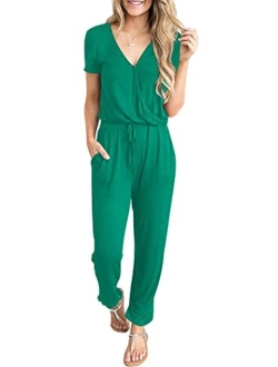 Womens Sexy Deep V Neck Short Sleeve Wrap Drawstring Waist Jumpsuit Romper with Pockets