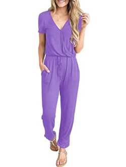 Womens Sexy Deep V Neck Short Sleeve Wrap Drawstring Waist Jumpsuit Romper with Pockets