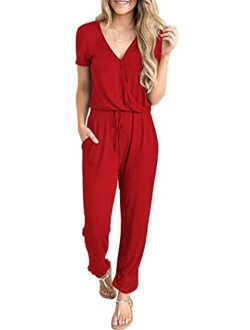 Womens Sexy Deep V Neck Short Sleeve Wrap Drawstring Waist Jumpsuit Romper with Pockets