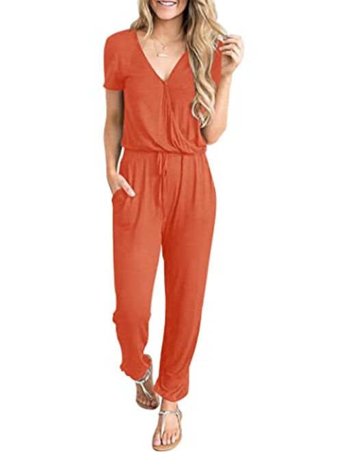 PRETTYGARDEN Women’s Sexy Deep V Neck Short Sleeve Wrap Drawstring Waist Jumpsuit Romper with Pockets