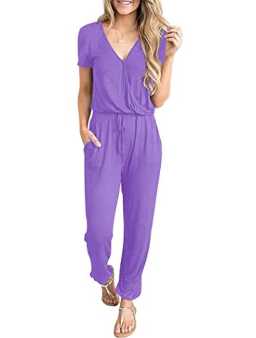 PRETTYGARDEN Women’s Sexy Deep V Neck Short Sleeve Wrap Drawstring Waist Jumpsuit Romper with Pockets