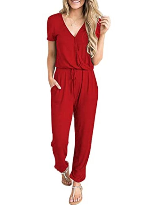 PRETTYGARDEN Women’s Sexy Deep V Neck Short Sleeve Wrap Drawstring Waist Jumpsuit Romper with Pockets