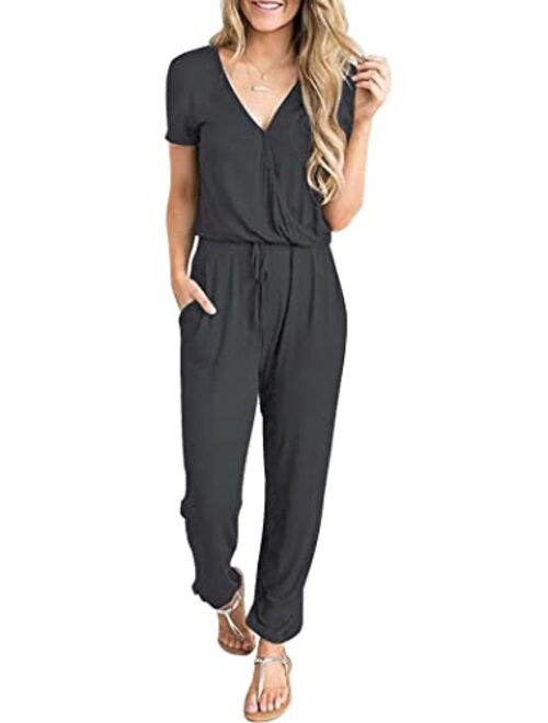 PRETTYGARDEN Women’s Sexy Deep V Neck Short Sleeve Wrap Drawstring Waist Jumpsuit Romper with Pockets