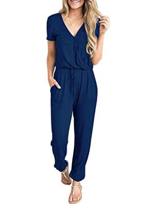 PRETTYGARDEN Women’s Sexy Deep V Neck Short Sleeve Wrap Drawstring Waist Jumpsuit Romper with Pockets