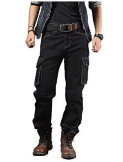 Idopy Casual Motorcycle Workwear Multi Pockets Denim Biker Cargo Jeans Pants