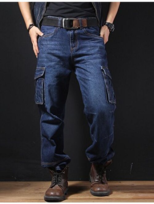 Idopy Casual Motorcycle Workwear Multi Pockets Denim Biker Cargo Jeans Pants