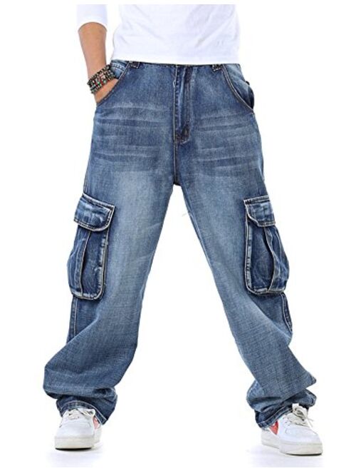 Idopy Casual Motorcycle Workwear Multi Pockets Denim Biker Cargo Jeans Pants