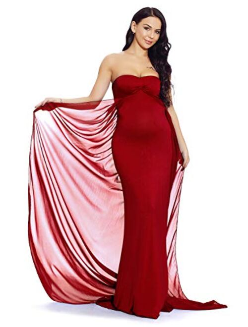 ZIUMUDY Strapless Off Shoulder Maternity Maxi Gown Photography Chiffon Dress for Baby Shower