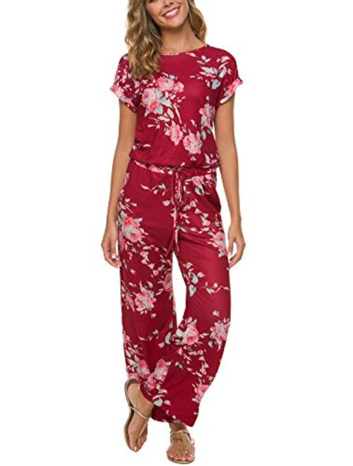 RichCoco Women's Floral Printed Jumpsuit Casual O Neck Loose Long Wide Legs Pants Jumpsuit Rompers with Pockets