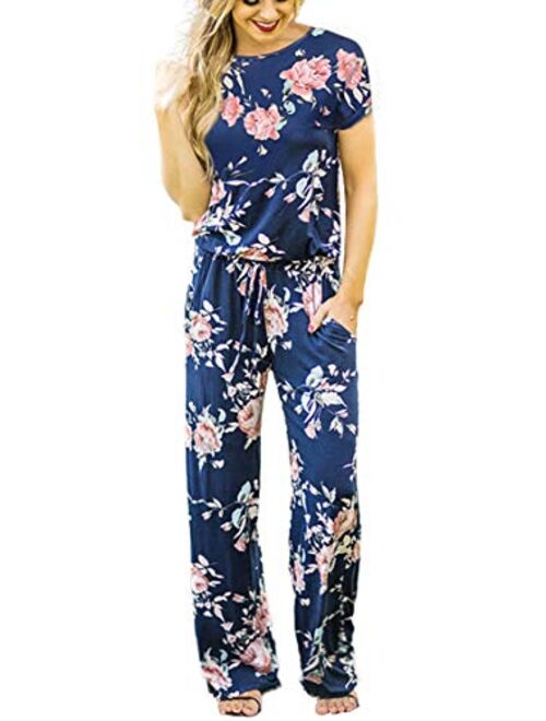 RichCoco Women's Floral Printed Jumpsuit Casual O Neck Loose Long Wide Legs Pants Jumpsuit Rompers with Pockets