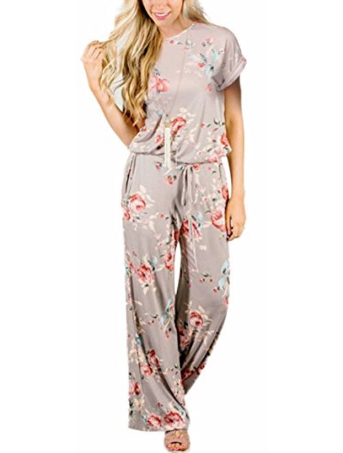 RichCoco Women's Floral Printed Jumpsuit Casual O Neck Loose Long Wide Legs Pants Jumpsuit Rompers with Pockets