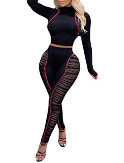 Uni Clau Women's Sheer Mesh Two Piece Jumpsuits See Through Long Sleeve Bodysuit Skinny Long Pants Club Romper