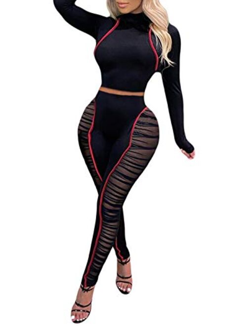 Uni Clau Women's Sheer Mesh Two Piece Jumpsuits See Through Long Sleeve Bodysuit Skinny Long Pants Club Romper