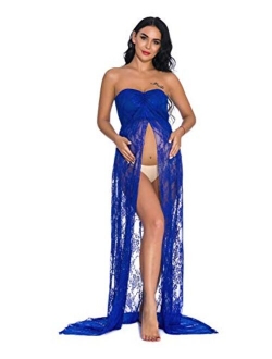 ZIUMUDY Women's Strapless See Through Lace Maternity Photography Gown Split Front Tube Dress