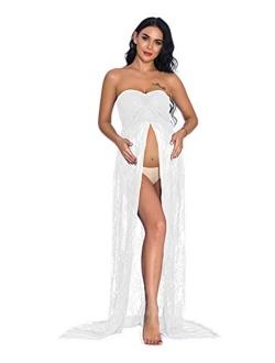 ZIUMUDY Women's Strapless See Through Lace Maternity Photography Gown Split Front Tube Dress