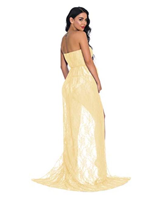 ZIUMUDY Women's Strapless See Through Lace Maternity Photography Gown Split Front Tube Dress