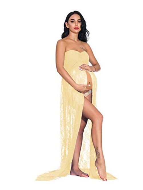 ZIUMUDY Women's Strapless See Through Lace Maternity Photography Gown Split Front Tube Dress