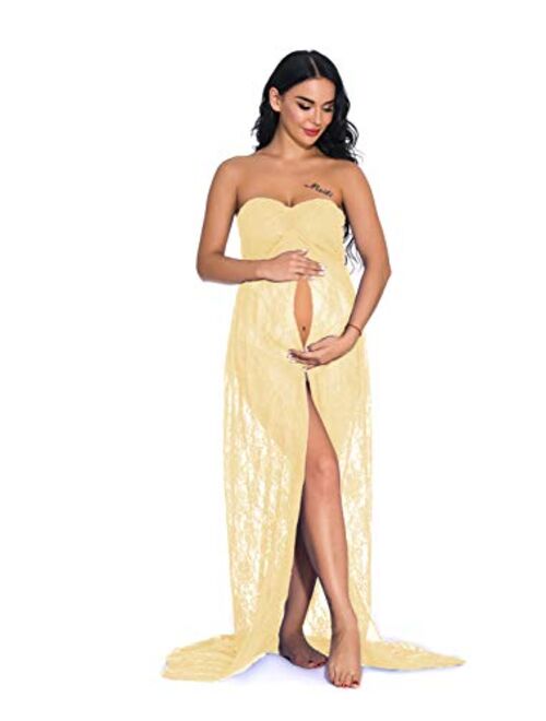 ZIUMUDY Women's Strapless See Through Lace Maternity Photography Gown Split Front Tube Dress