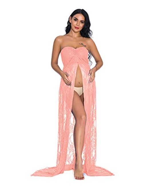 ZIUMUDY Women's Strapless See Through Lace Maternity Photography Gown Split Front Tube Dress