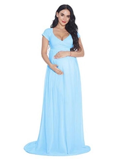 ZIUMUDY Maternity Chiffon Gown Wraped Short Sleeve Cross-Front Photography Maxi Dress for Baby Shower