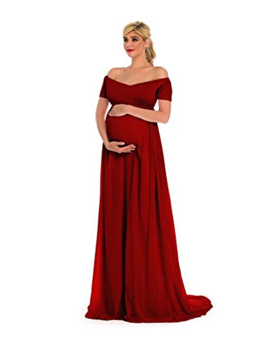 ZIUMUDY Maternity Chiffon Gown Wraped Short Sleeve Cross-Front Photography Maxi Dress for Baby Shower