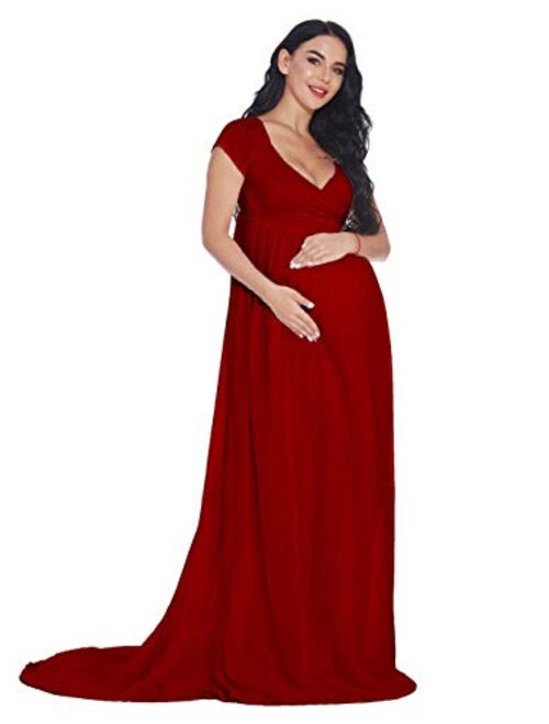 ZIUMUDY Maternity Chiffon Gown Wraped Short Sleeve Cross-Front Photography Maxi Dress for Baby Shower