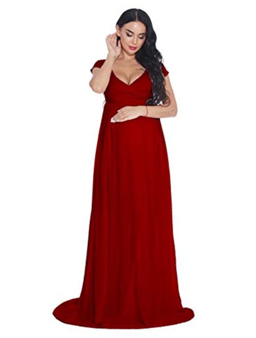 ZIUMUDY Maternity Chiffon Gown Wraped Short Sleeve Cross-Front Photography Maxi Dress for Baby Shower