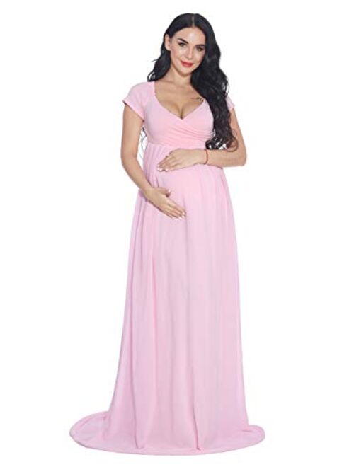 ZIUMUDY Maternity Chiffon Gown Wraped Short Sleeve Cross-Front Photography Maxi Dress for Baby Shower