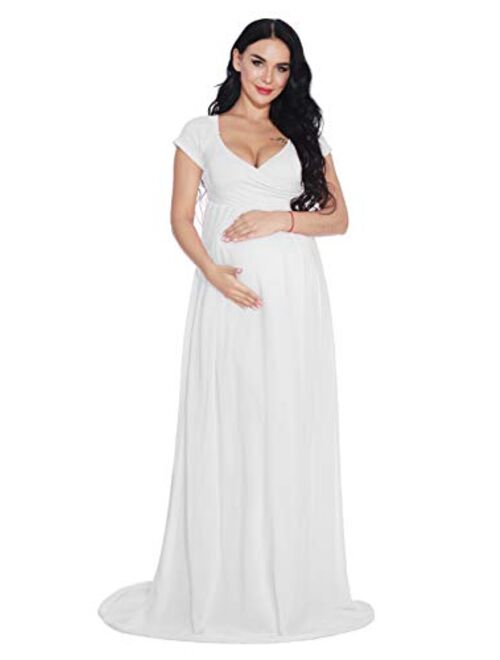 ZIUMUDY Maternity Chiffon Gown Wraped Short Sleeve Cross-Front Photography Maxi Dress for Baby Shower