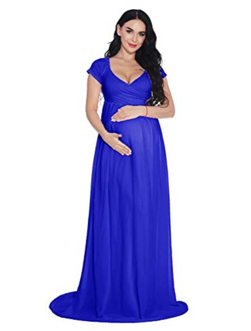 ZIUMUDY Maternity Chiffon Gown Wraped Short Sleeve Cross-Front Photography Maxi Dress for Baby Shower