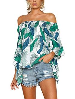 DDSOL Sexy Women's Off The Shoulder Blouse Tops Ruffle 3/4 Bell Sleeve Summer Casual T Shirts