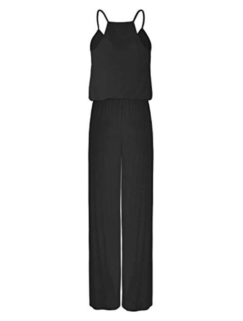 OUGES Women's Plain Sleeveless Racer Back Wide Leg Pant Jumpsuits Romper