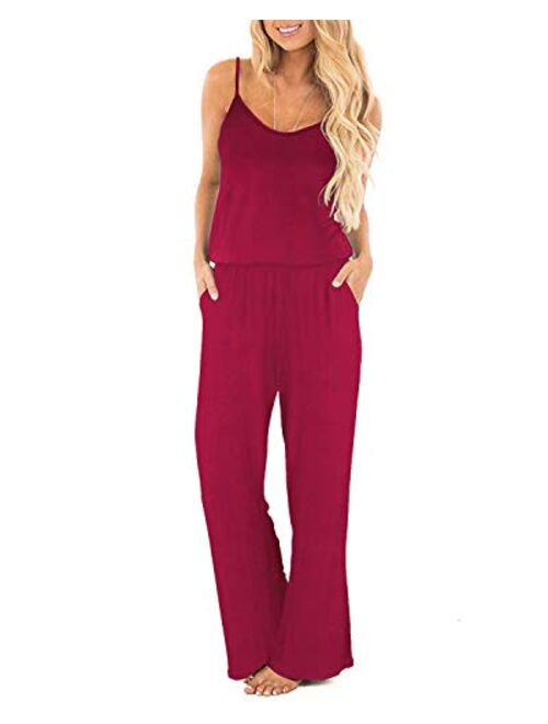 OUGES Women's Plain Sleeveless Racer Back Wide Leg Pant Jumpsuits Romper